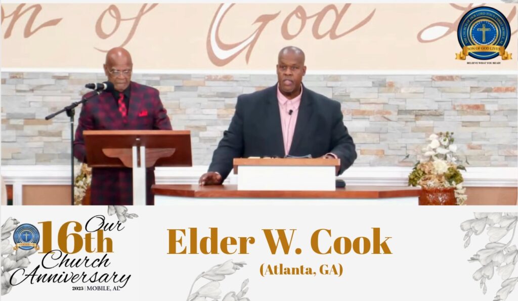 Elder W. Cook speaks during the 16th Church Anniversary service in Mobile, AL, addressing the congregation with a message of celebration.