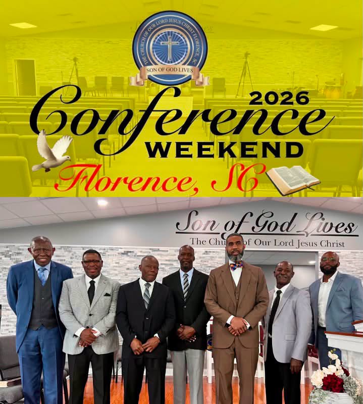 Conference weekend announcement for the Son of God Lives church in Florence, SC, featuring six well-dressed men standing together.